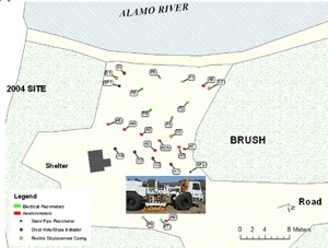 The above image shows the placement of the TRex mobile shaker in relation to the site. The truck will perform a series of shakes along the access road.